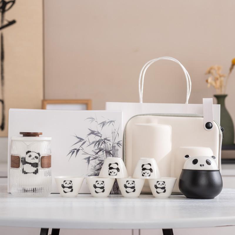 Panda Speckstein Jade Porzellan Reise-Teeset Outdoor Tragbar Sichuan Sehenswürdigkeit Geschäfts-Erinnerungsgeschenk