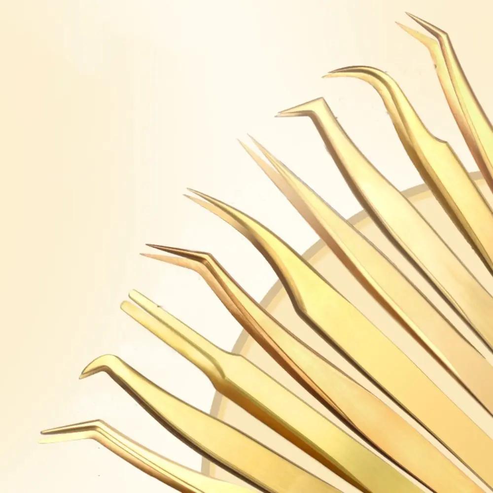 New Stainless Steel Lash Extension Tweezers Anti-Slip Gold Curved Tip Tweezers Straight Tweezers Makeup Accessories