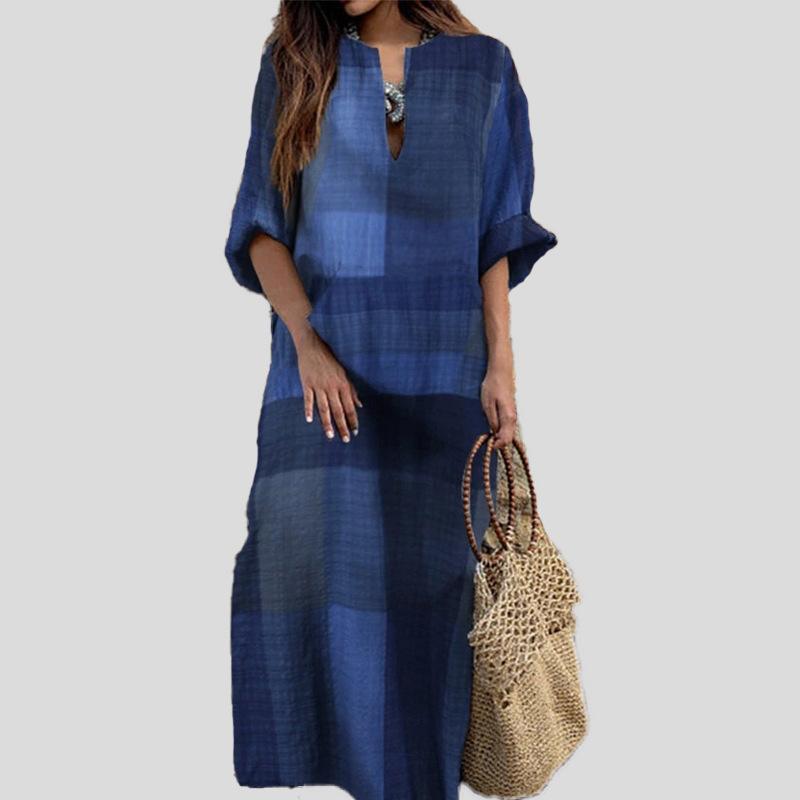 2025 Retro Ethnisches Baumwollleinen Langarmkleid mit Weitem Rock