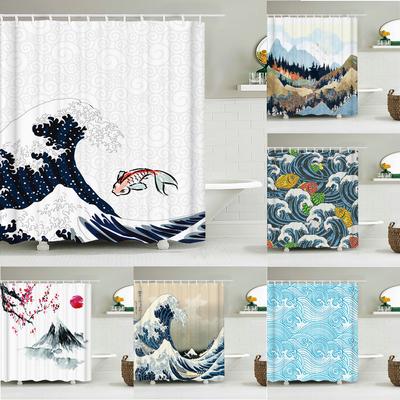 Onde Marine Giapponesi Koi Spray Tenda da Doccia in Tessuto Tende da Bagno Fiori di Pruno Paesaggio Monte Fuji Paravento da Bagno con Ganci
