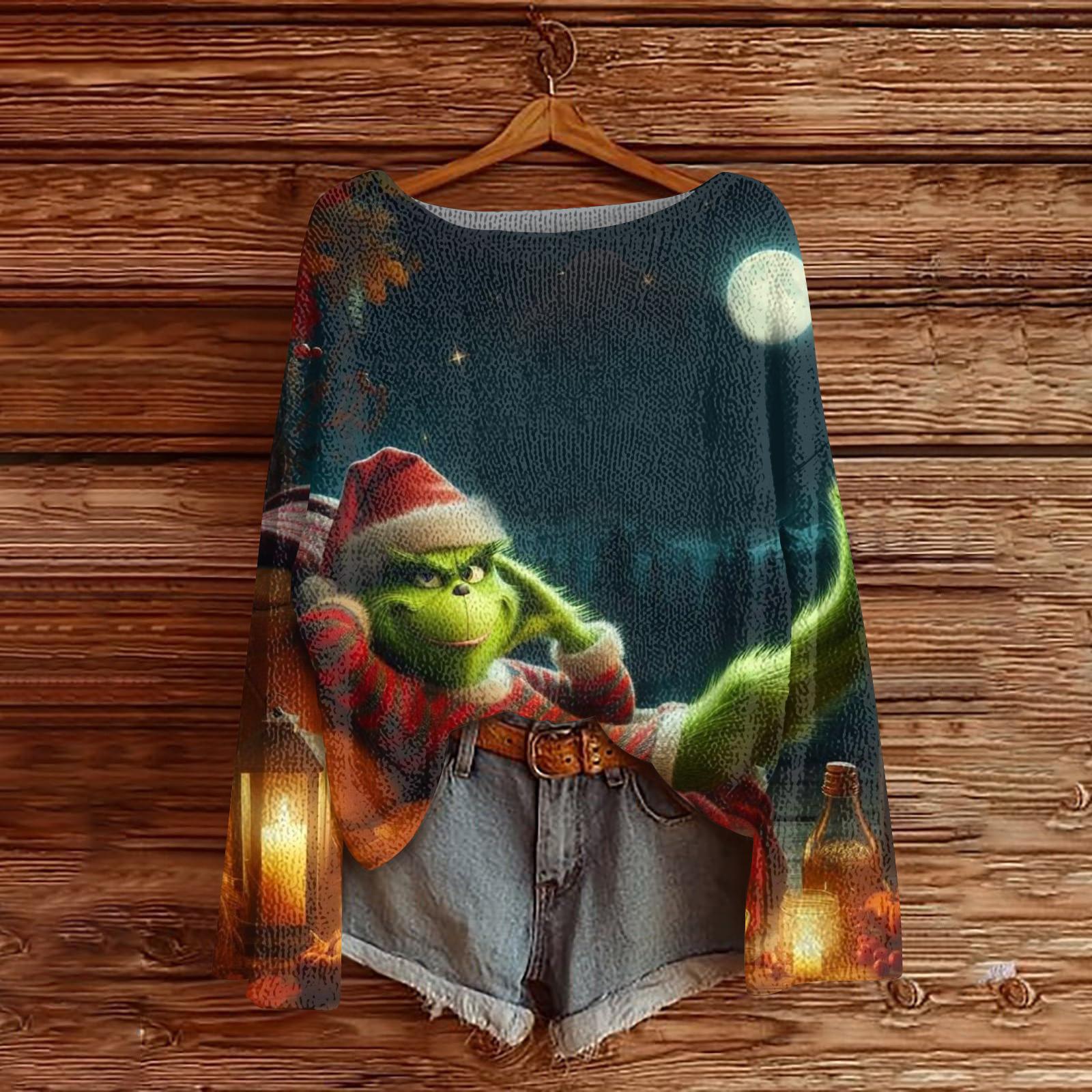 

Women s Fashion Round Neck Long Sleeve Christmas Print Casual Knit Pullover Top S Темно-синій