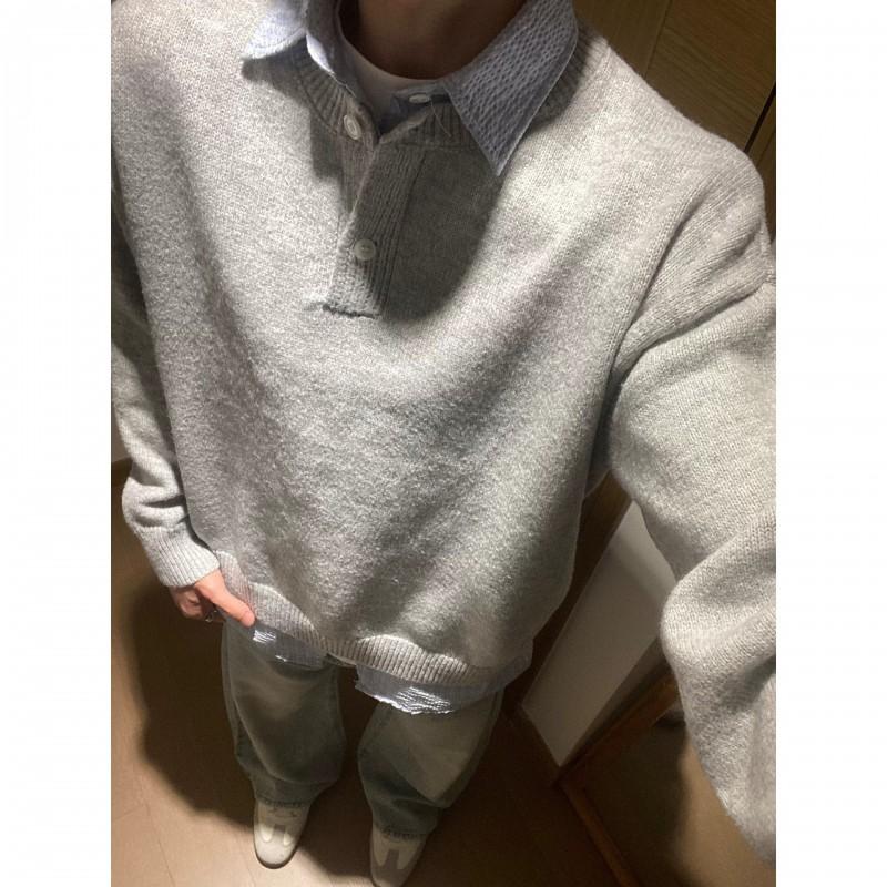 Mens Vintage Fake Two-Piece Knit Shirt Retro Collar Casual Sweater Teens
