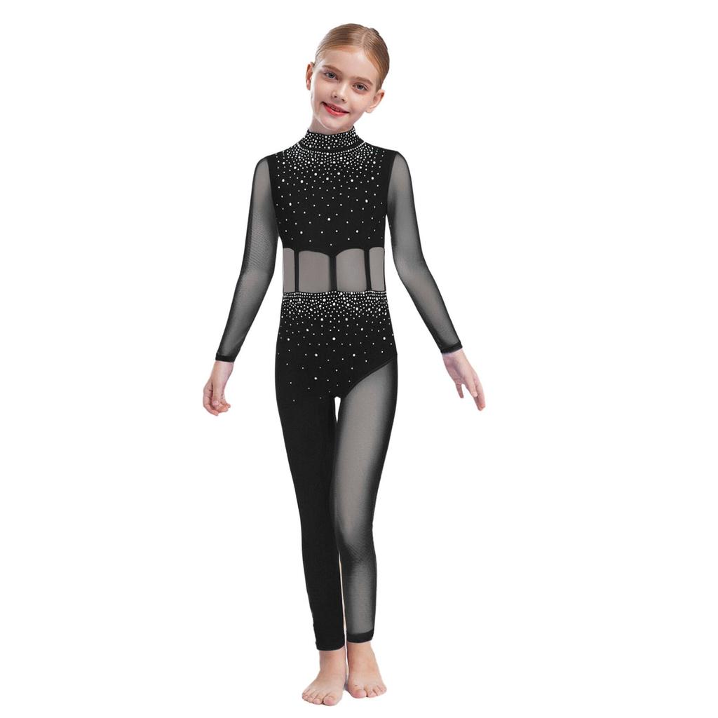 Jenter Danseopptreden Jumpsuit Helkropps Leotard Langermet Mock Neck Mesh Patchwork Nøkkelhullrygg Bodysuit