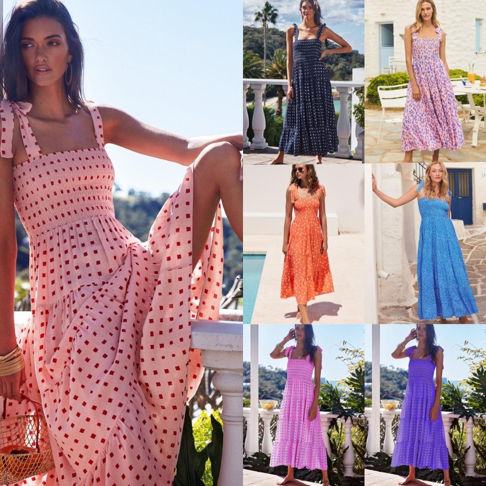 

Летние женские повседневные удобные модные пригородные платья без рукавов Spice Girls длинное платье с бретелькой на шее в горошек Праздничные платья