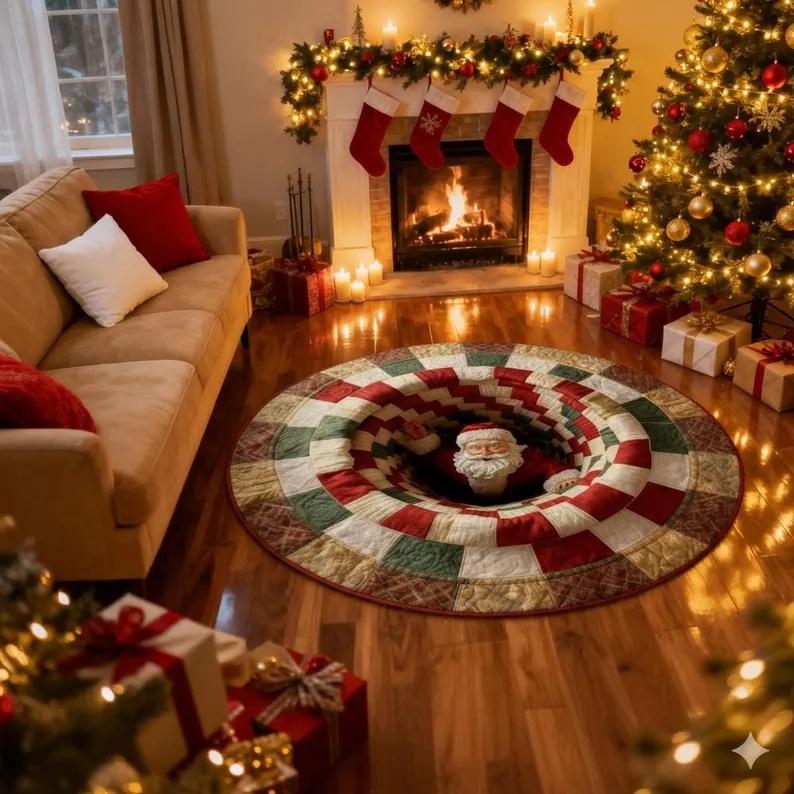 3D Frohe Weihnachten Teppich Rund Weihnachts-Teppich Goldenes Feiertagsmuster Teppich Schwarz Festlicher Bodenteppich Bäume Zuckerstangendesign Teppich