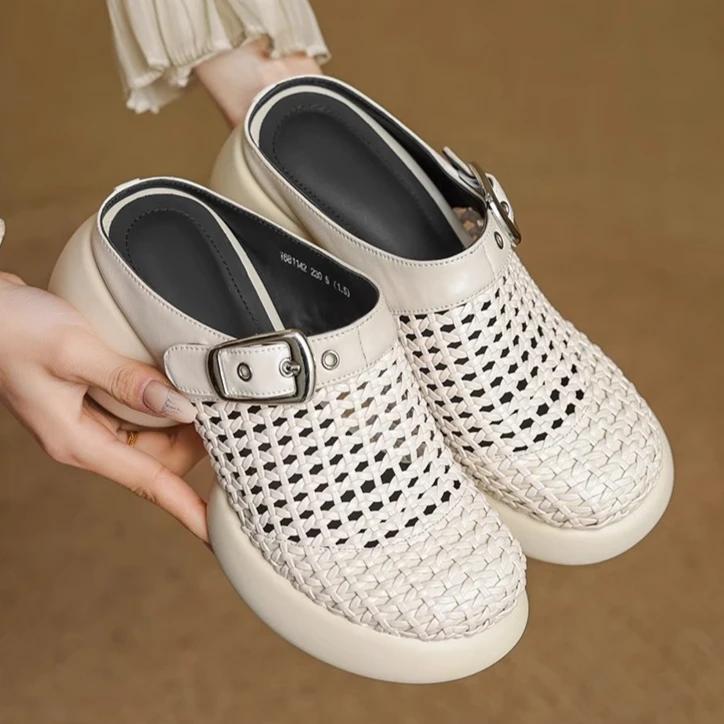 Mesh Platform High Heels Weave Women Slippers Hollow Sandals Mules Casual Shoes Woman 2025 Summer Fad Beach Loafers Slides Dress
