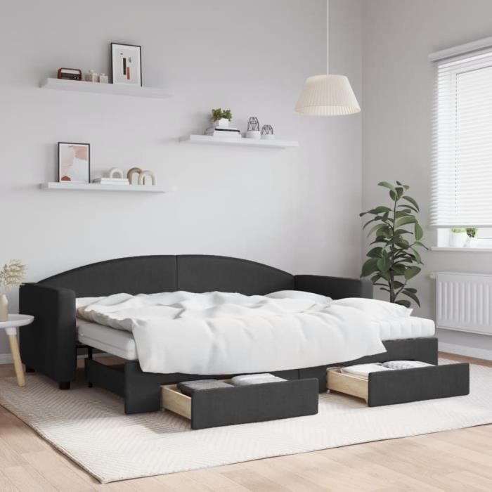 VidaXL Lit de jour avec gigogne et tiroirs noir 80x200 cm tissu 3197239