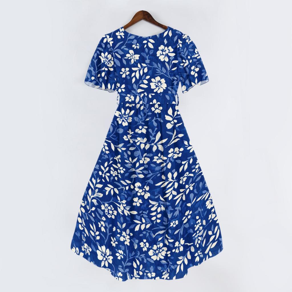 Women's Casual V Neck Short Sleeve Floral Print Dress Lightweight Midi Length Summer Dress with Wrap Style and Flared Hem