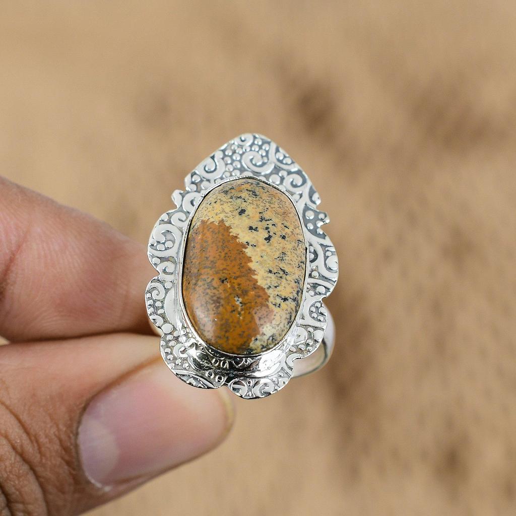 Natural Picture Jasper Gemstone 925 Silver Promise Adjustable Ring For Women