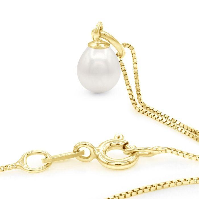Pendentif - PEARLS & COLORS - Perle de culture poire 7-8 mm - Perle blanche - Or jaune 750/18 ct - Qualité AAA+