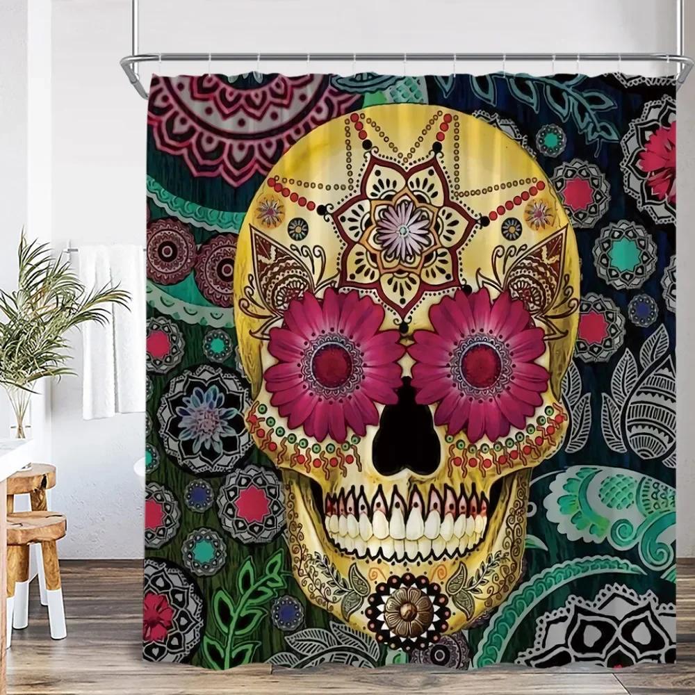 

Happy Skull Shower Curtain Halloween Night Party Skull Bathroom Decoration Vintage Polyester Fabric Shower Curtain W120xH180cm