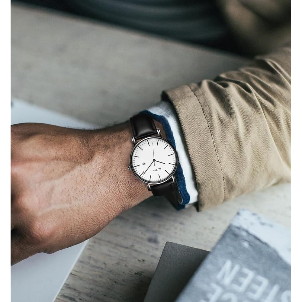 BUREI Men's Stylish Business Watch Leather Band Slim Simple Design Men's Timepiece