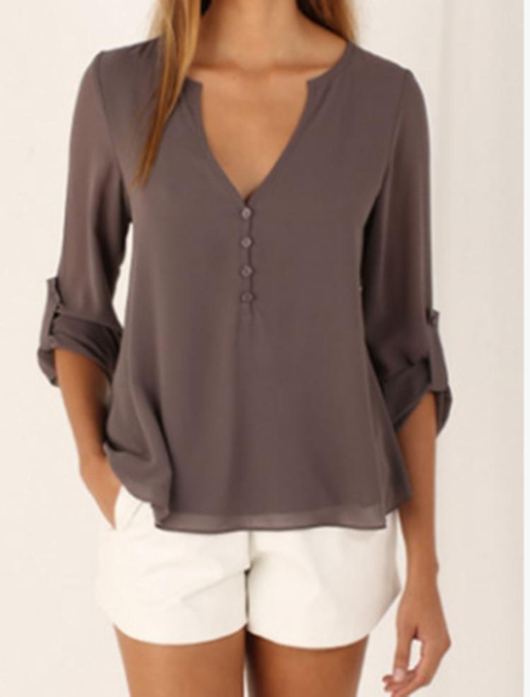 Women Casual Sexy Deep V Neck Chiffon Blouse Shirt With Slim Waist And Long Sleeves