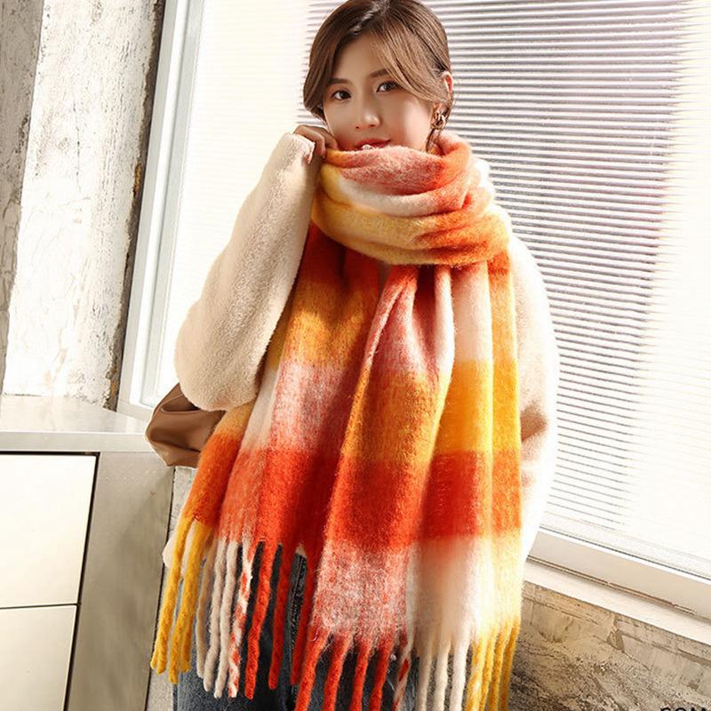 Rainbow Scarf Women's Winter Shawl Couple Colored Plaid Warm Thickened Ins Trendy Cute Girl Student Versatile