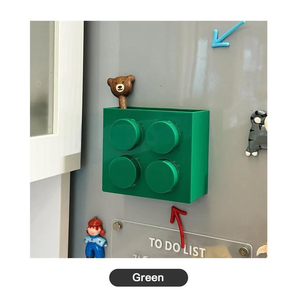 Magnetic Refrigerator Storage Box No-Drill Kitchen Door Rack Wall Mounted Building Block Organizer Decor Holder зелёный