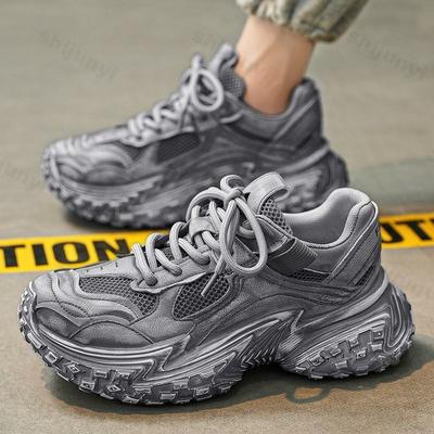Men's Casual Sport Shoes Vintage Distressed Sneakers 2025 Autumn New Style Thick Bottom Fashion Increased Height Trendy Shoes