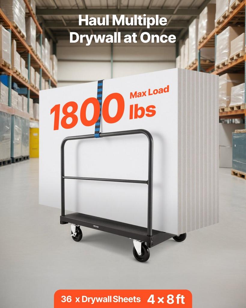 Drywall Cart Dolly, 816 Kg Load Capacity, 2-in-1 Steel Panel Truck Cart with 12.5 Mm Swivel Casters, 91.4 X 61 Cm Platform Truck with 4 Side Handrails