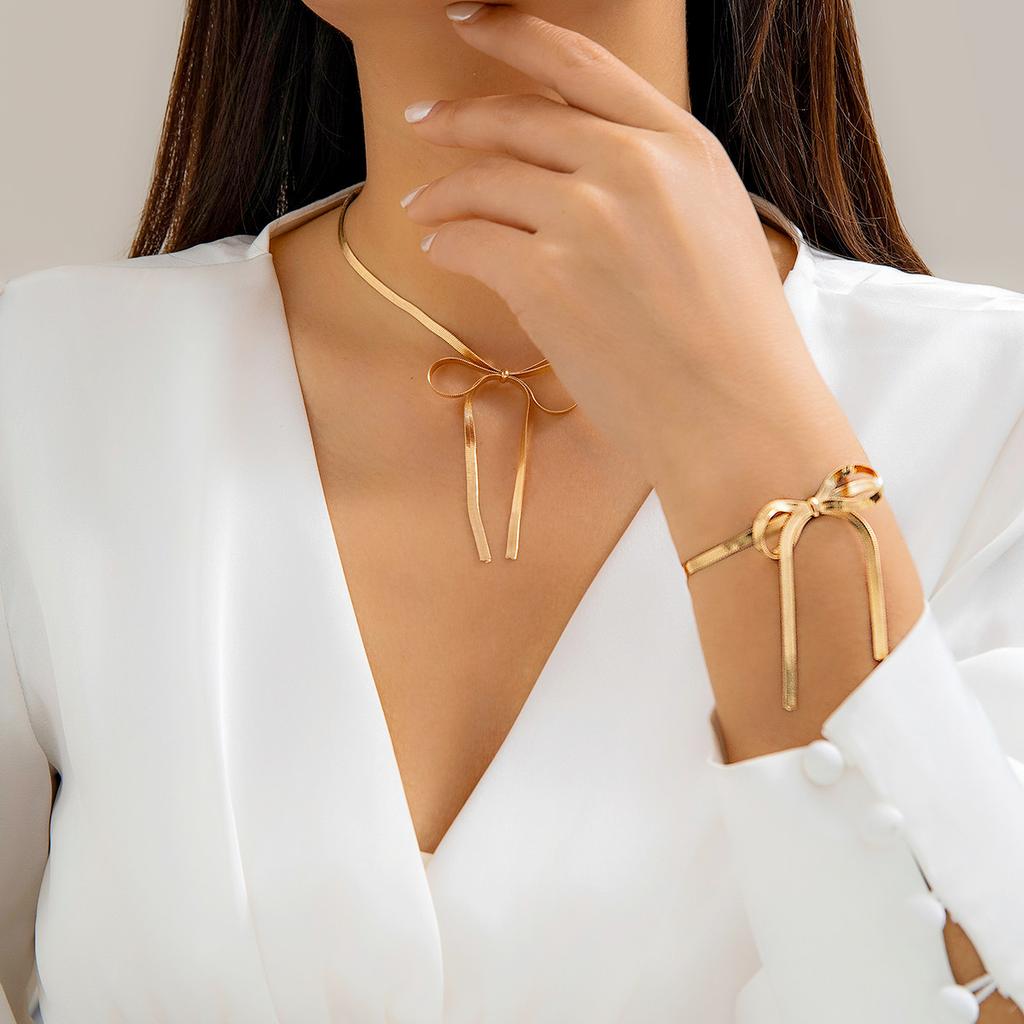 Snake Chain with Bowknot Choker Necklace and Bracelect Set for Women Trendy Charms Daily Accessories 2026 Fashion Jewelry Female