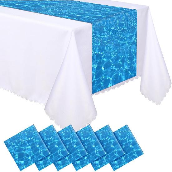 VitalCozy 6 Pcs Ocean Plastic Table Runner 14 x 108 Inch Disposable Blue Water Print Coastal Table Runner for Summer Beach Birthday Mermaid Theme