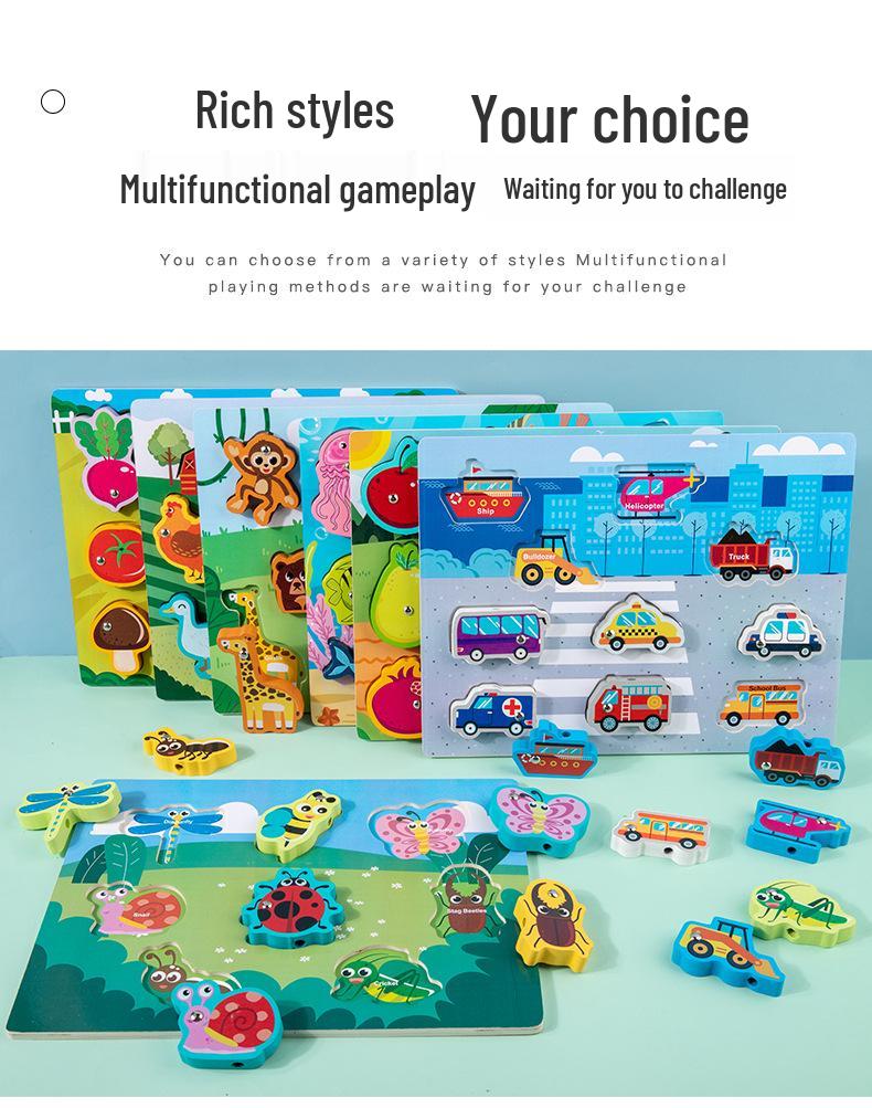Children's Double-Sided Wooden Activity Board: Matching, Stringing, Drawing, Beading, and Fishing Educational Toy