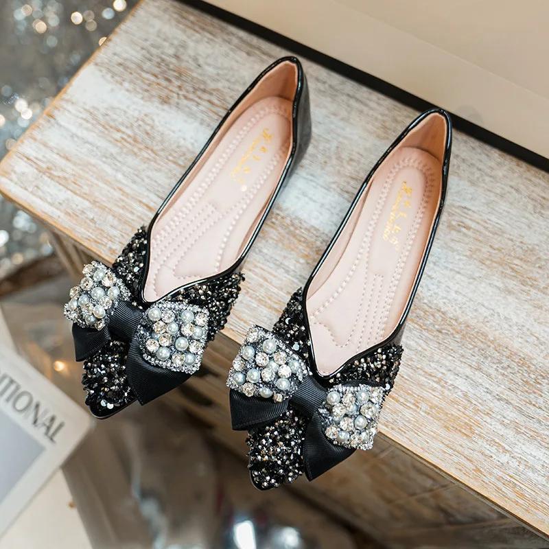 Fashion Flat Shoes for Women 2025 New Spring and Autumn Square Toe Shallow Rhinestone Bow Flat Scoop Shoes Women Ladies Plus Size 41-43
