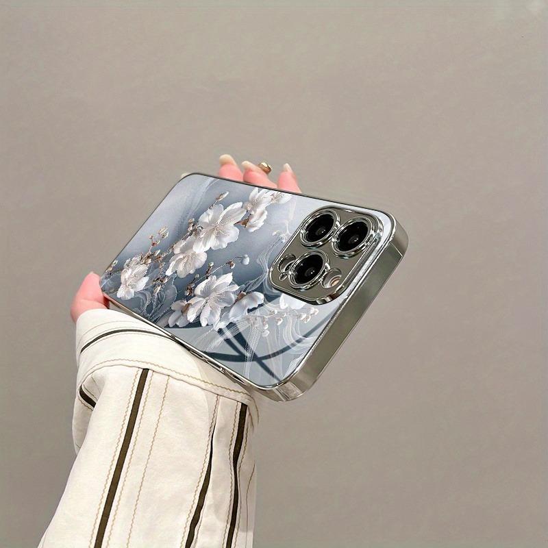 Stylish White Floral Electroplated Tempered Glass Phone Case For iPhone 17 16 15 14 13 12 11 Pro Max Plus 16E 17 Air Tpu Cover