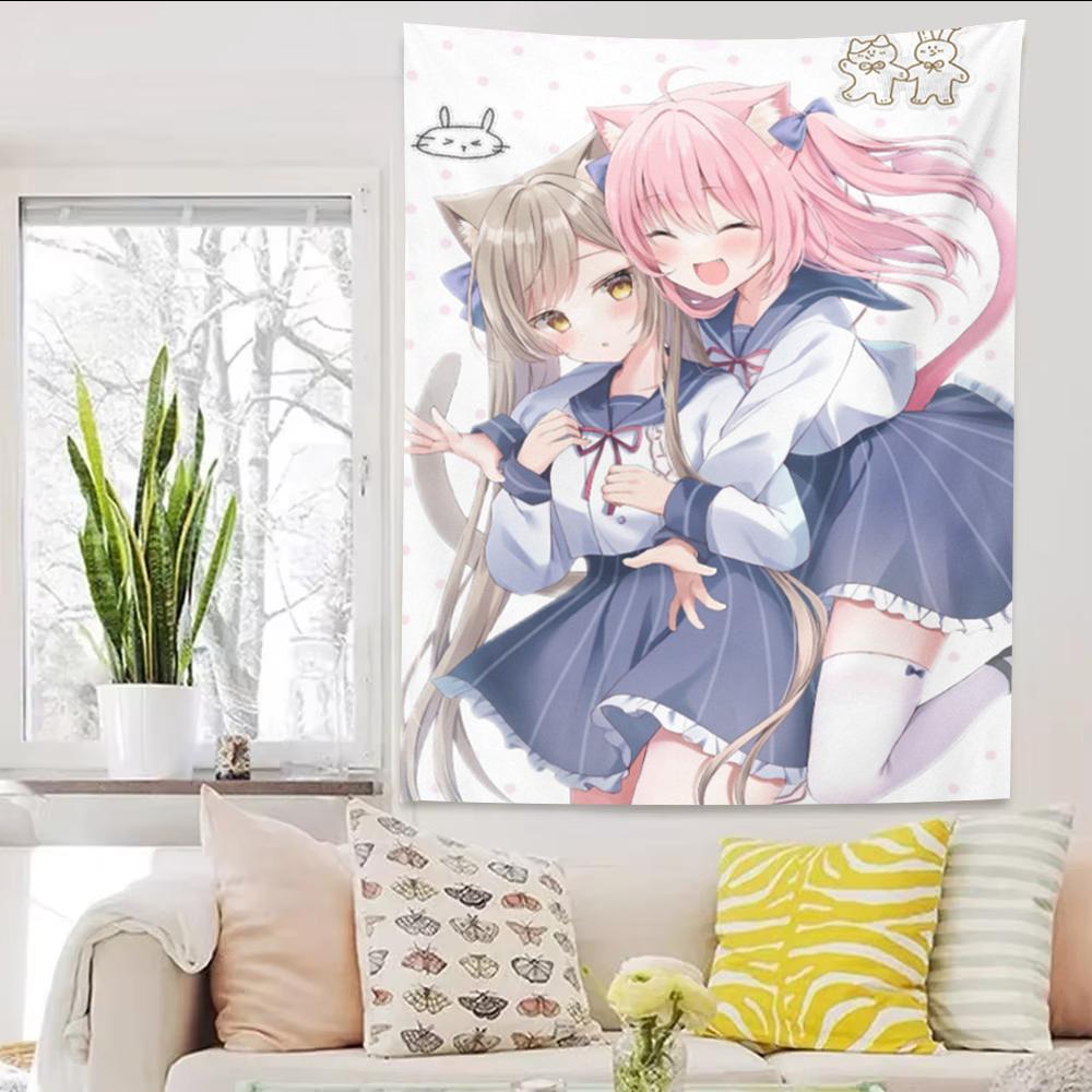 Kawaii Neko Girls Hugging Tapestry Anime Sailor Uniform Wall Hanging Pink Aesthetic Room Decor Cool Room Stuff Background Cloth