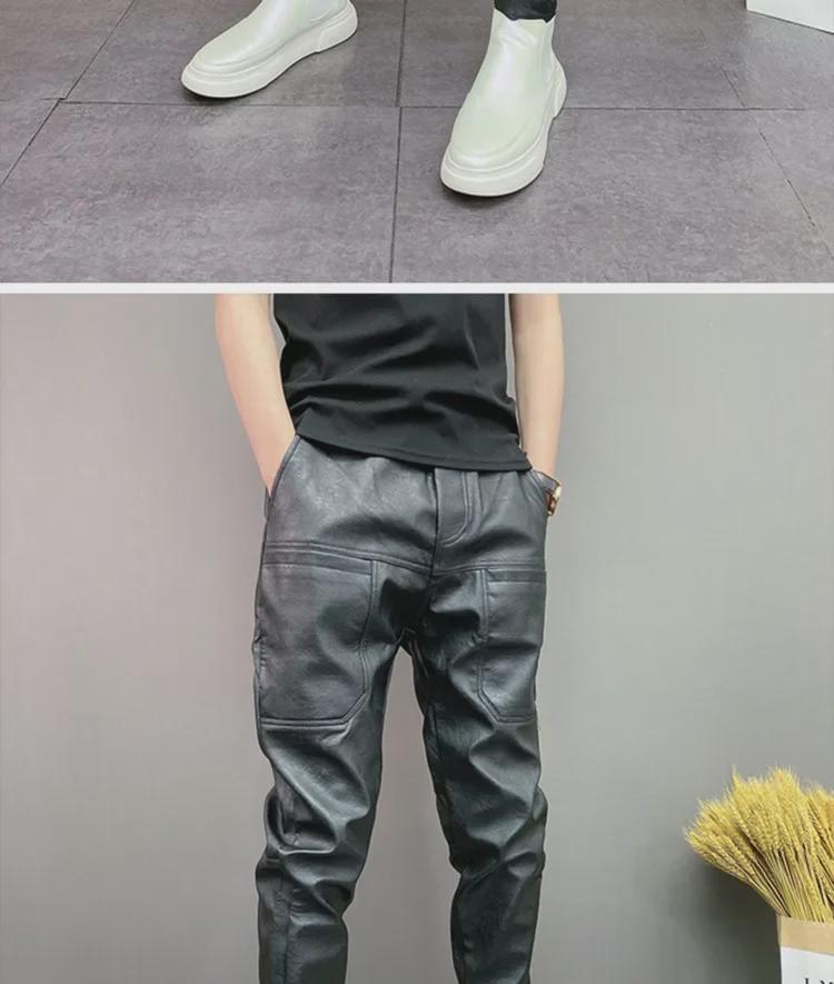 Men's Trendy Elastic PU Leather Pants - Windproof, Waterproof, Six-Pocket Casual Trousers for Autumn/Winter