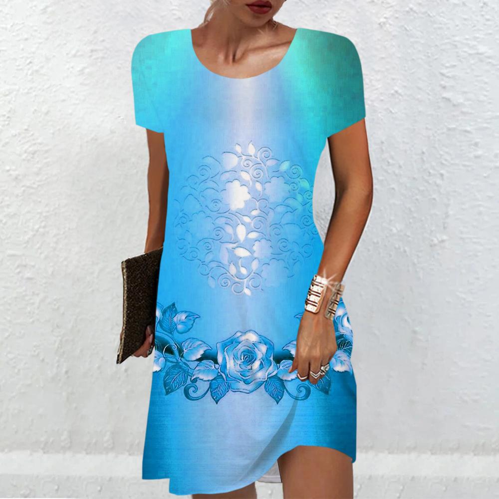 Elegant Fashion Ladies Dresses Floral 3D Printed Dress Women Casual Loose Short Sleeve O-Neck New Women's Clothes