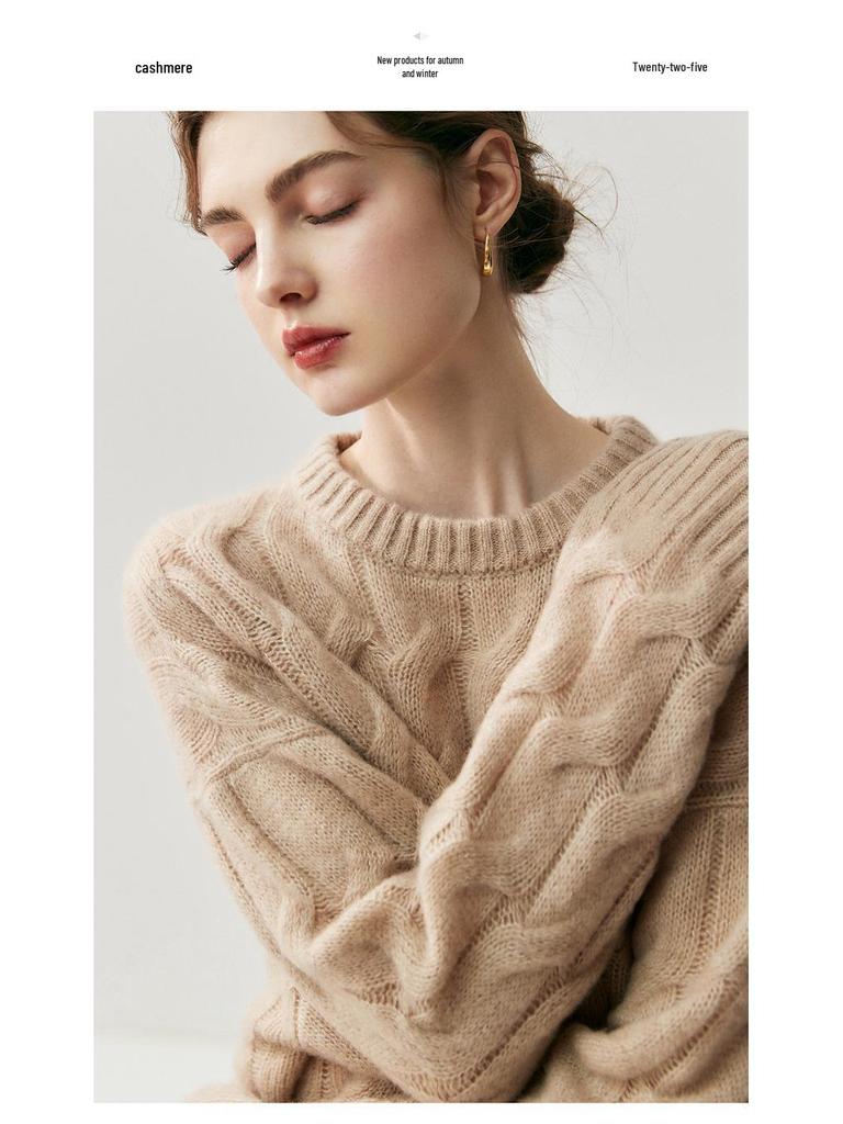 Women's Heavyweight Cable Knit Cashmere Pullover - Fall/Winter Long Sleeve Round Neck Sweater