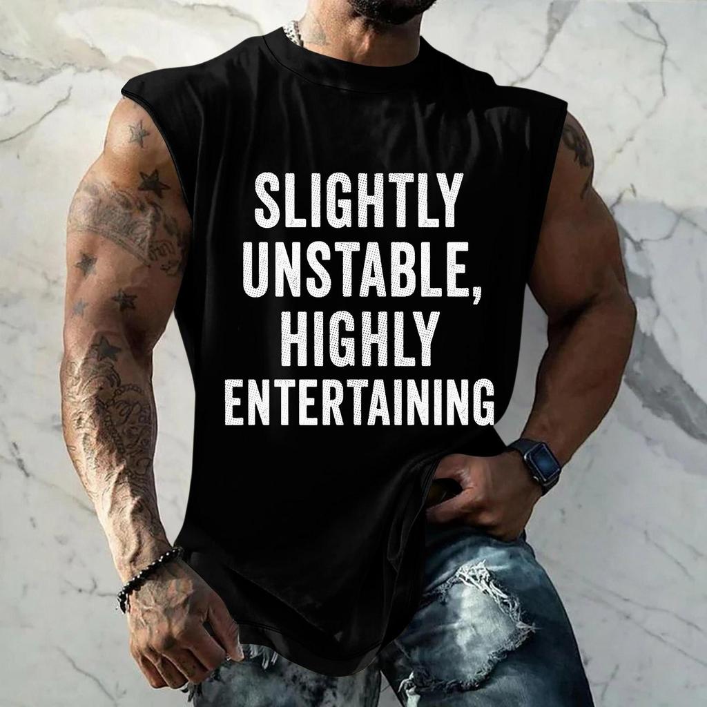 Men’s Sleeveless Casual Loose Fit T Shirt with Slightly Unstable Highly Entertaining Graphic Print Crew Neck Top