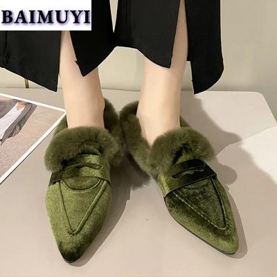 Sexy Fur Pointed Toe Women Loafers Shoes Mid Heels Boots 2025 Trend Chelsea Winter Warm Plush Suede Office Pumps Fur Botas Mujer