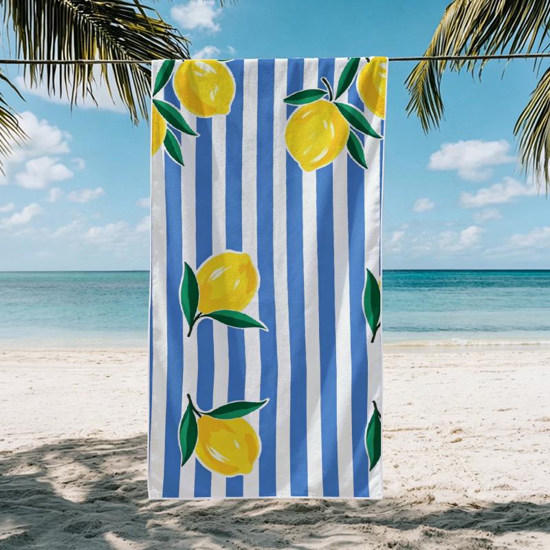 Large Quick-Drying Italian Lemon Print Towel with Blue & White Stripes - Absorbent Beach, Bath, Swim, Picnic Mat