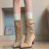 Soft leather version~ pointed temperament retro pleated piled boots thin heels western boots high heel short boots women's thin boots