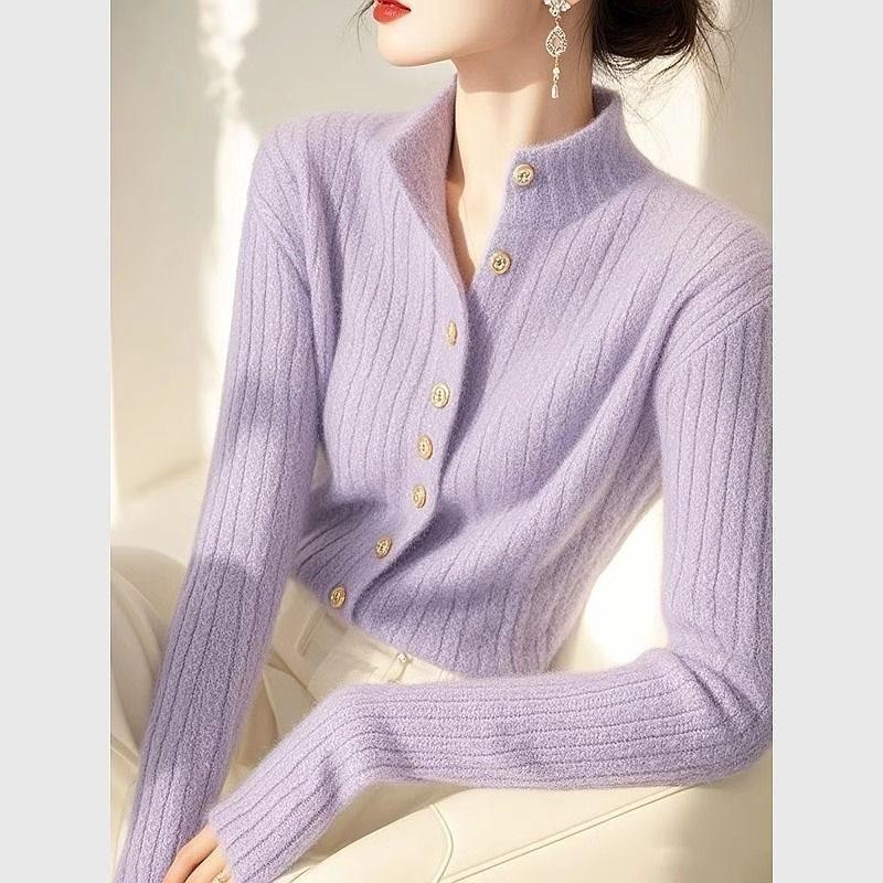 Women's Slim-Fit Knitted Cardigan Coat - Half-High Neck, Perfect for Spring & Autumn