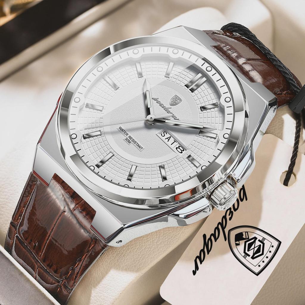 POEDAGAR Luxury Fashion Man Wristwatch Waterproof Luminous Date Week Big Dial Quartz Men's Watches Casual Leather Men Watch