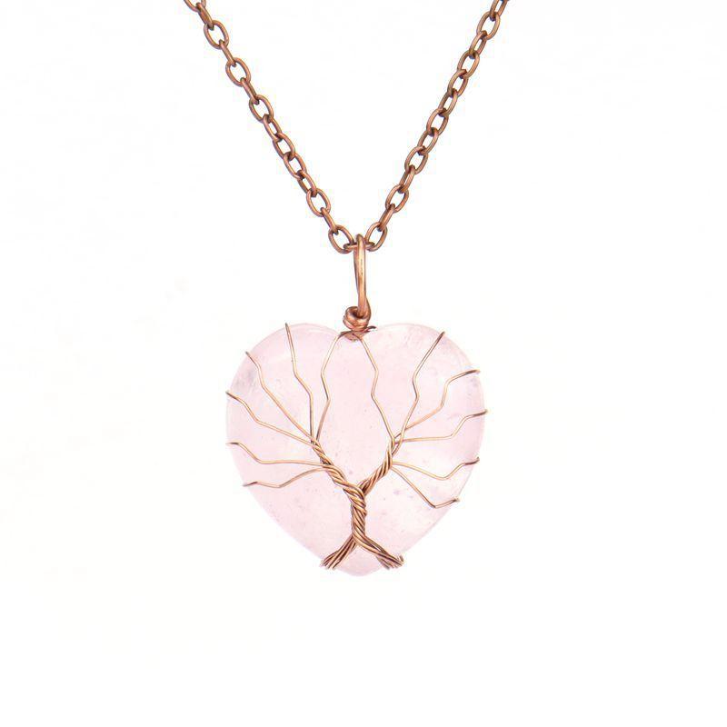 Ancient Red Copper Hand-Wound Peach Heart Natural Stone Heart-Shaped Powder Crystal Tree Of Life Necklace N519