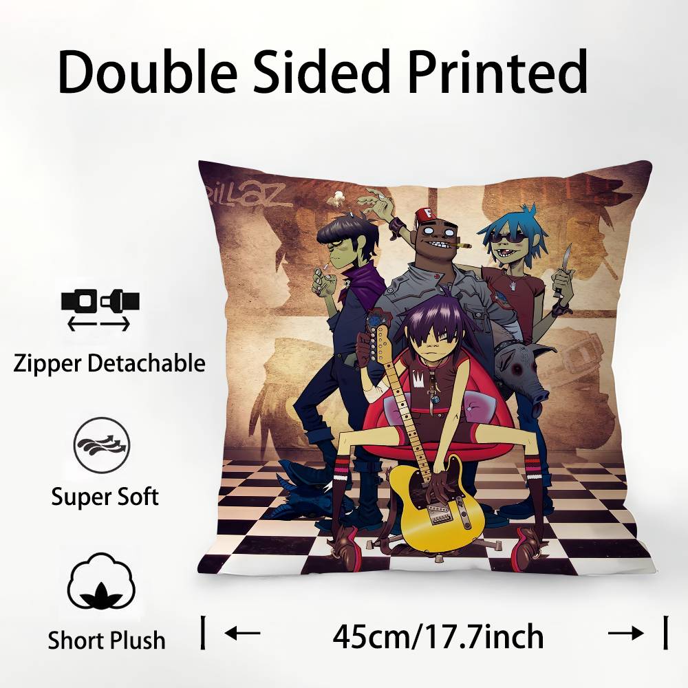 G-Gorillaz Band kussensloop vierkant dubbelzijdig bedrukt kussen voor bank, slaapkamer of als decoratie.