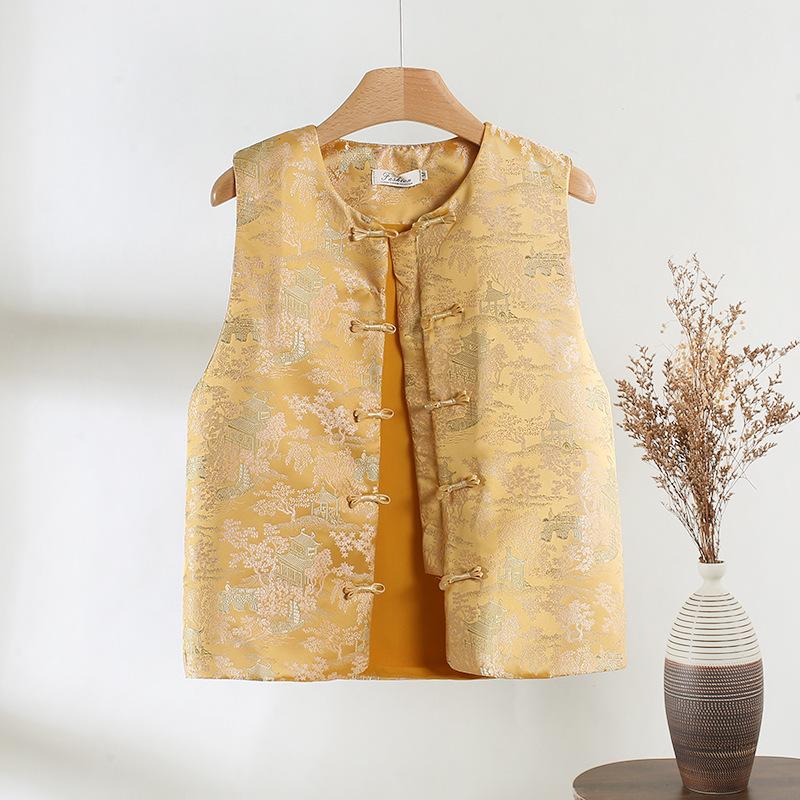 

Новый жаккардовый жилет с пряжкой, женский, высококлассный, с чувством дизайна, ретро, банкетный, внешний жилет XL [Recommended 112-62.5kg] жёлтый