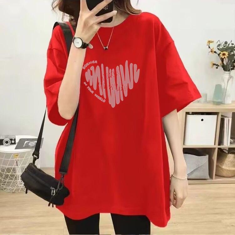Women Plus Size Cotton T-Shirt Summer Short Sleeve Heart Print Mid-Long Loose Casual Pullover Top For 200lbs