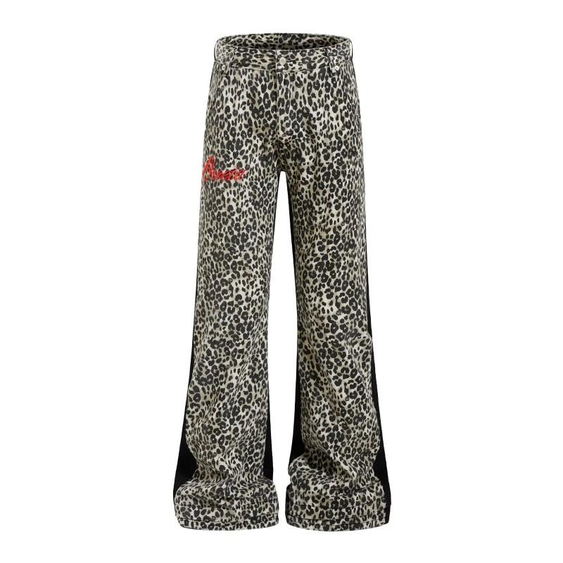 Vintage Patchwork Leopard Print Flared Jeans Men Women High-Waisted Slim Fit Denim Trousers
