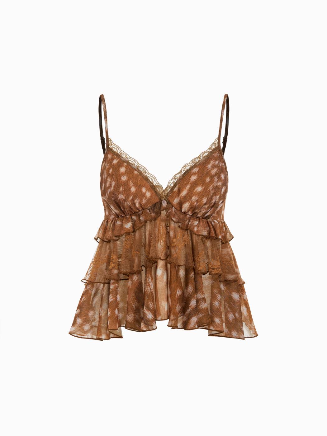 Spicy Leopard Print Lace Camisole: V-neck Ruffle Tank Top for Inner or Outer Wear. Extra Small коричневый