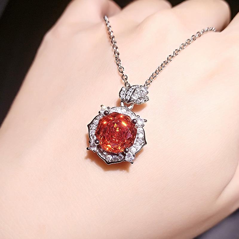Octagonal Millennium Rose Cut Redstone Necklace Elegant Premium Pink Stone Yellow Diamond Leaf Pendant Female