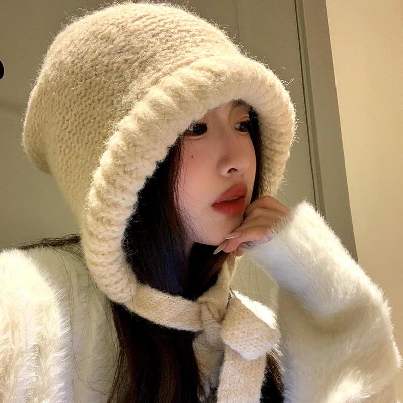 Wool hat women's big head circumference winter cold protection and warm ear protection knitted cold hat high-end blue pullover bag hat