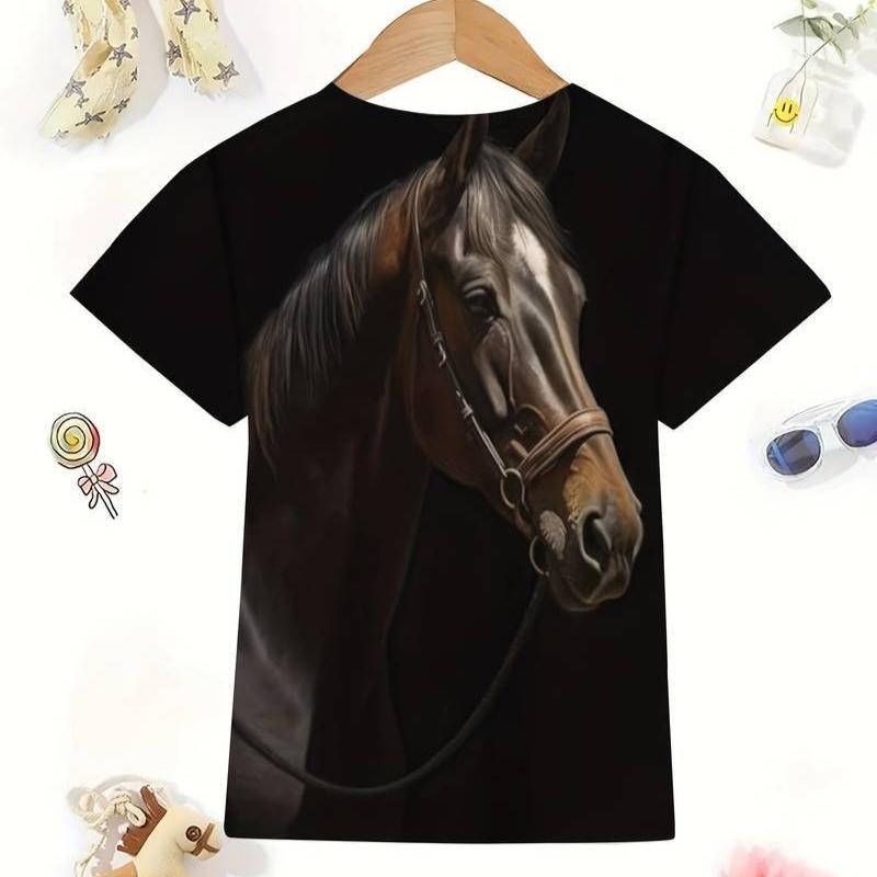 

Детская футболка с 3D-принтом, детская футболка с 3D-цифровой печатью и рисунком лошади, летняя спортивная футболка с короткими рукавами и круглым вырезом 170
