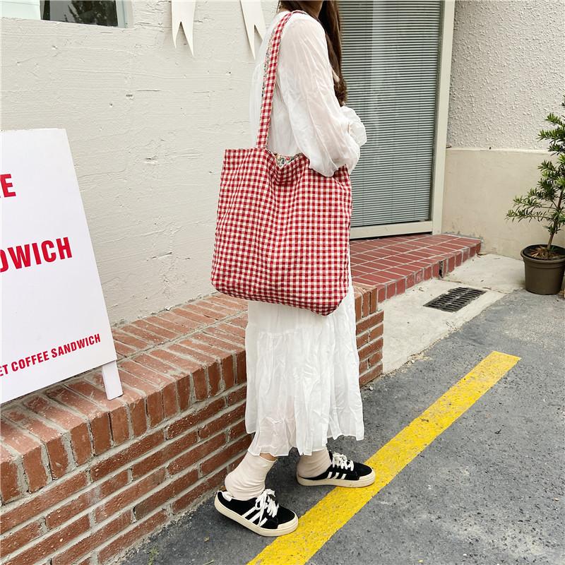 Casual Plaid Flower Women Shopping Bag Large Capacity Ladies Daily Tote Handbags Cott Cloth Double-sided Girls Shoulder Bags