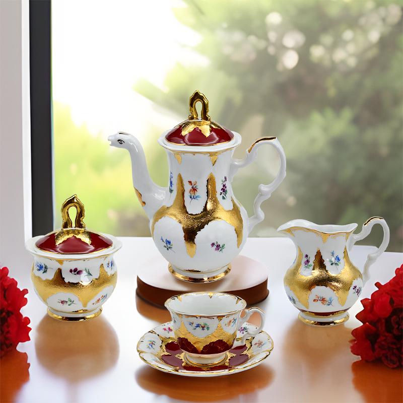 Karosa European Relief Gold Coffee Cup Set - Luxury Gold-Trimmed High-Temperature Bone China Cups & Saucers in Gift Box