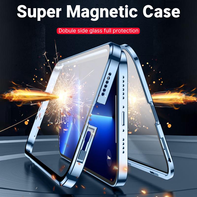 Metal Frame Double Sided Glass Magnetic Phone Case For iPhone16 15 14 13 12 Pro Max X XS 8 7 14 Plus 13 12Mini Camera Lens Cover