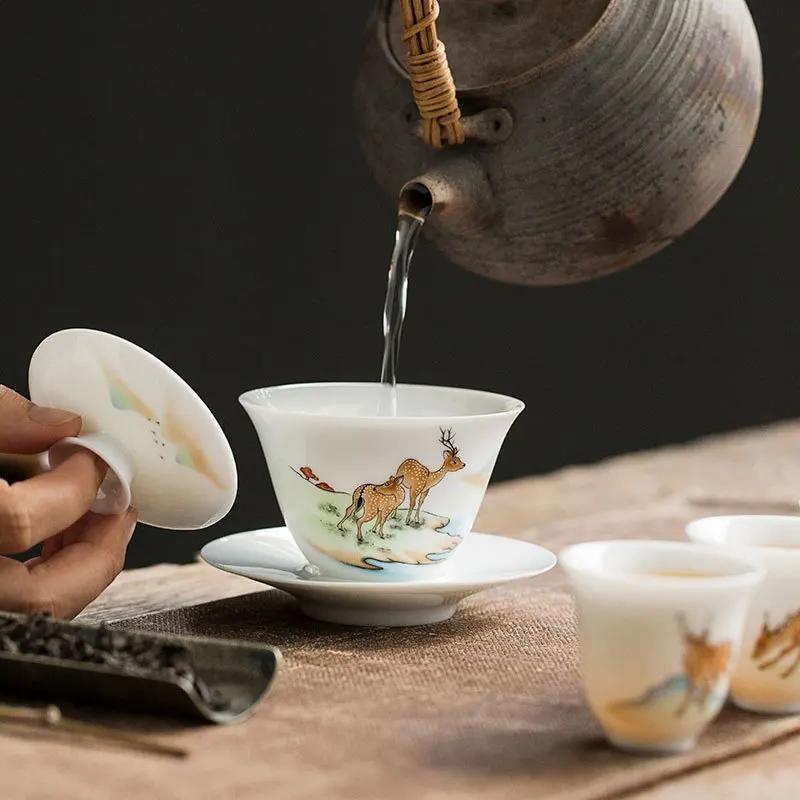 Weiße Keramikschale mit Deckel Hammelfett-Jaspis Teeschale Handbemalt Blau und Weiß Gaiwan Haushalt Kung Fu Schale