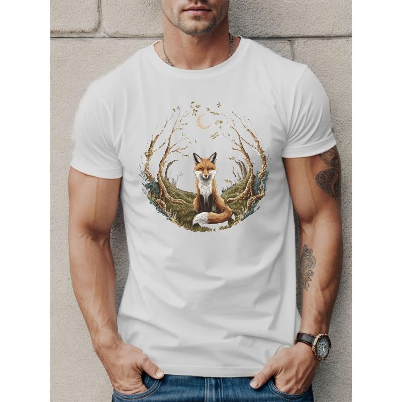 European Sizes Men'S Mystical Fox Woodland Graphic Tee, Casual Crew Neck Polyester T-Shirt, Summer Short Sleeve Top with Slight Stretch, Regular Fit